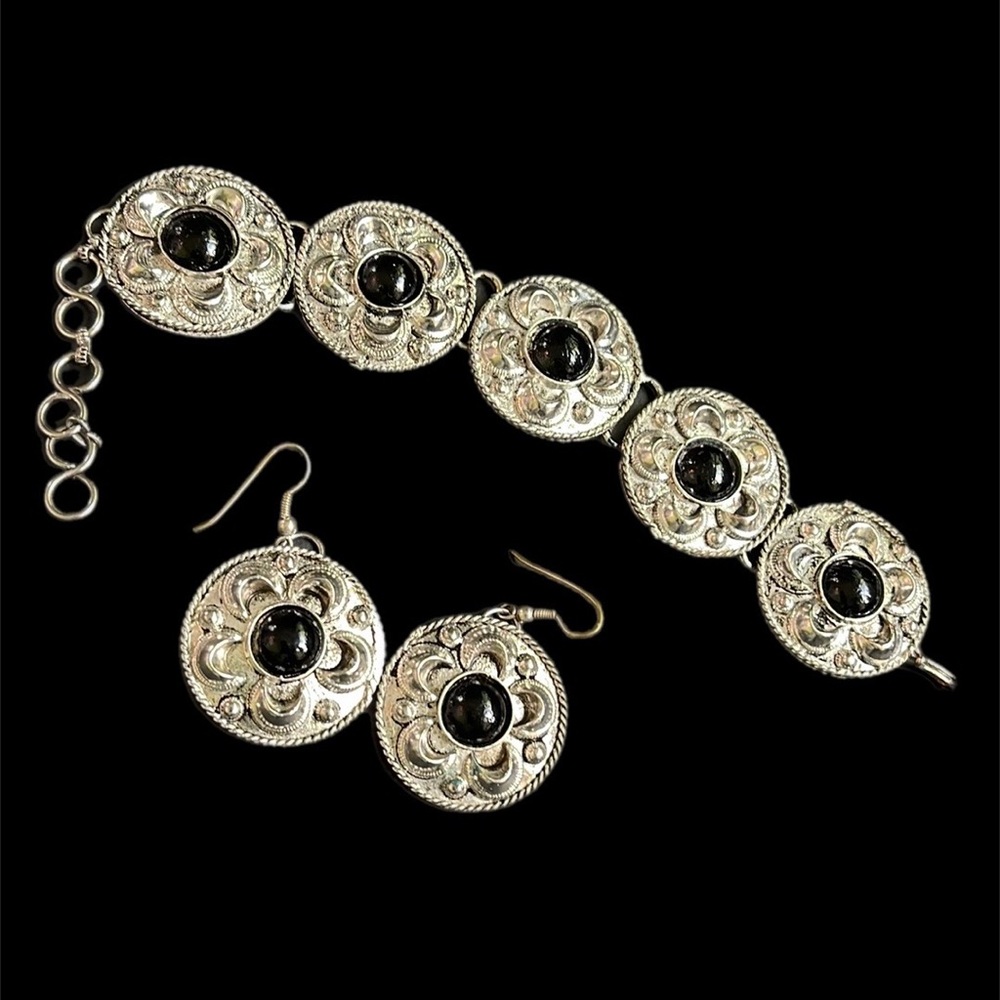 Tribal Silver and Black Onyx Bracelet and Earring Set